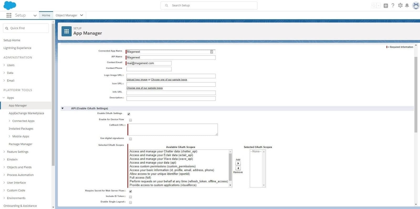 Configuring Magento Salesforce Connected App in Salesforce